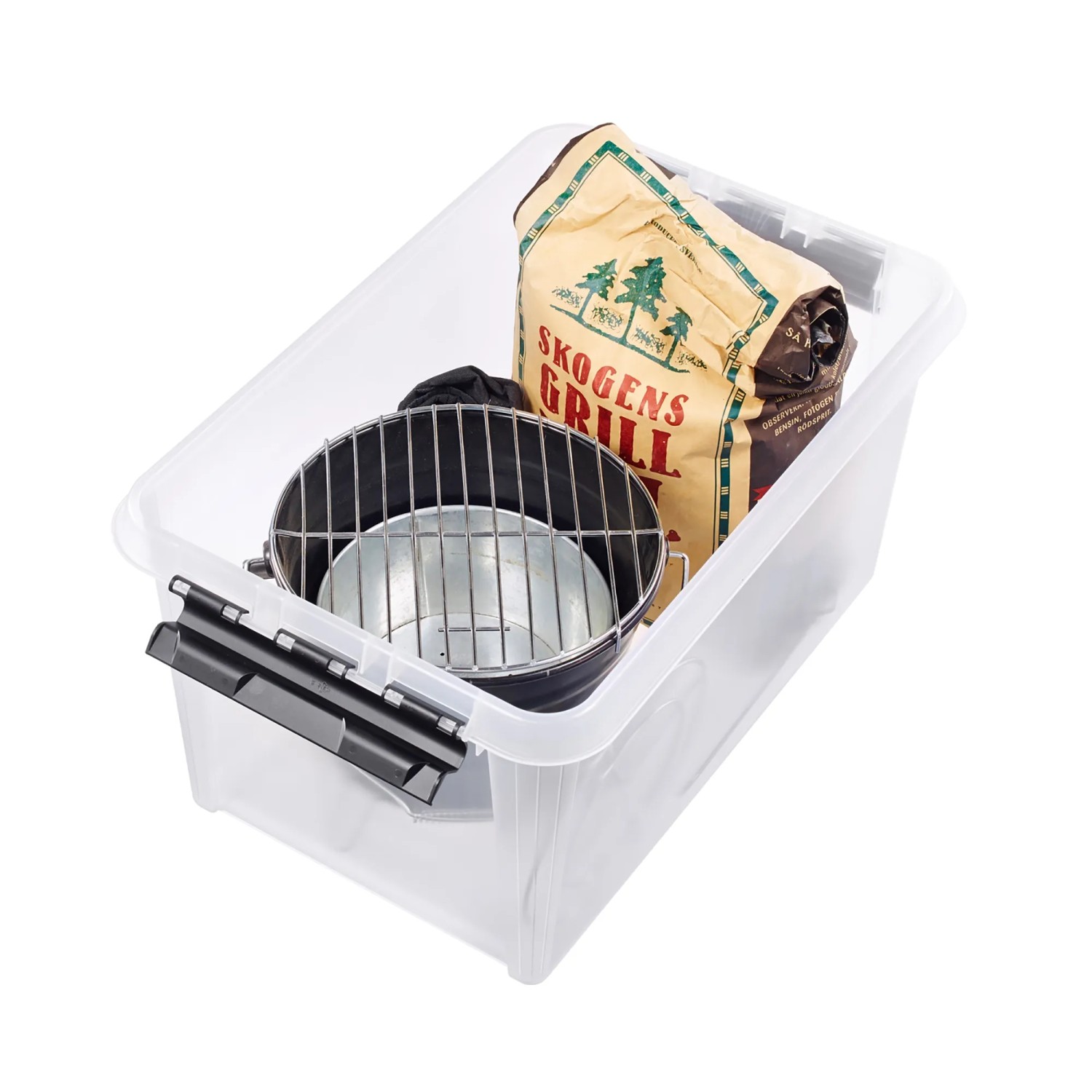 Transparente SmartStore Classic Aufbewahrungsbox 46L mit Grill und Holzkohle zur Aufbewahrung.