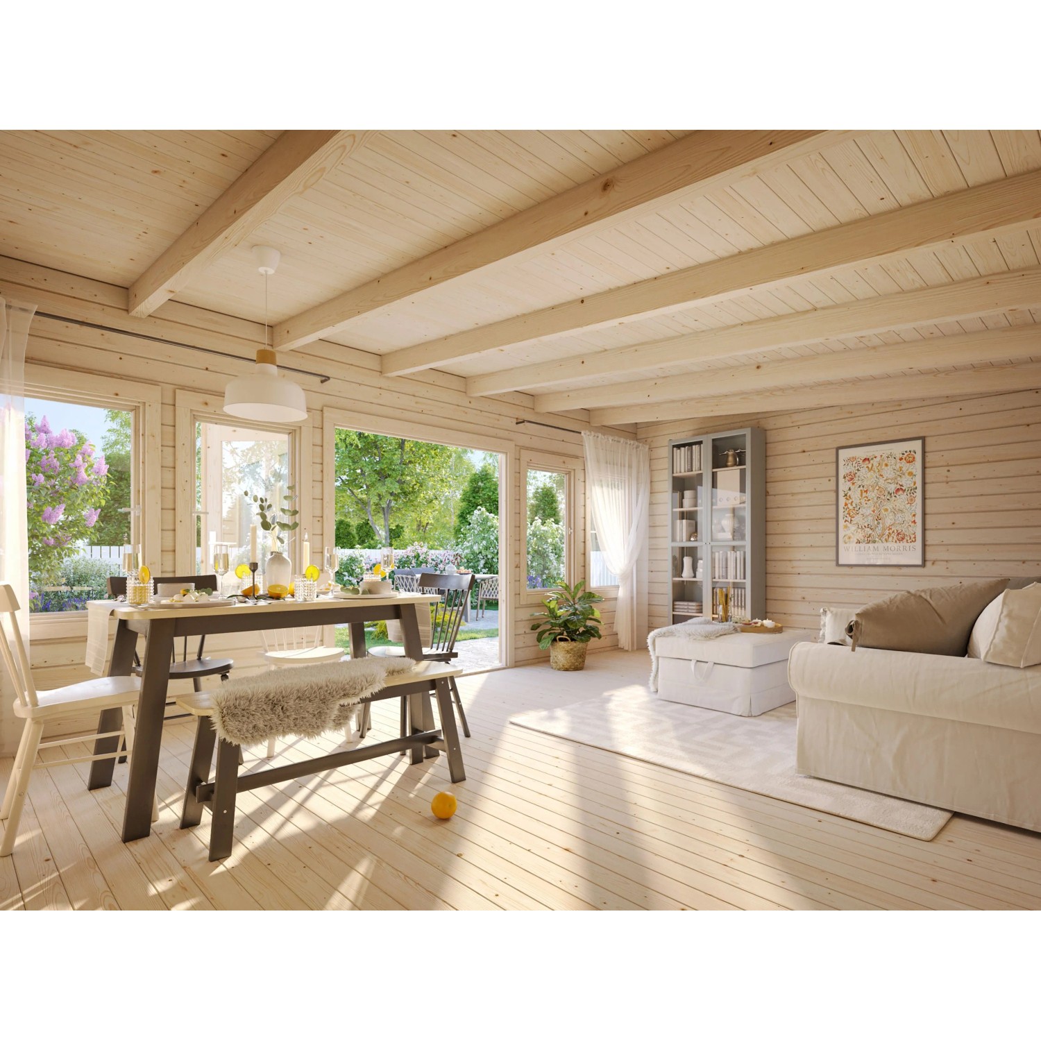 Innenansicht: Palmako Gartenhaus Lisa, grau-weiß lackiert, mit Möbeln und viel Licht.