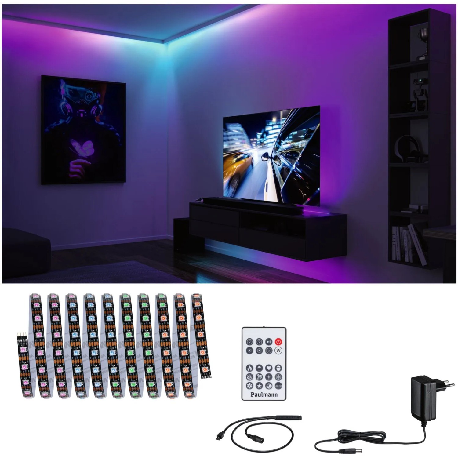 Paulmann EntertainLED Set: 3 m LED-Strip mit Farbwechsel, Fernbedienung und Netzteil. Smarte Leuchte für stimmungsvolle Beleuchtung.
