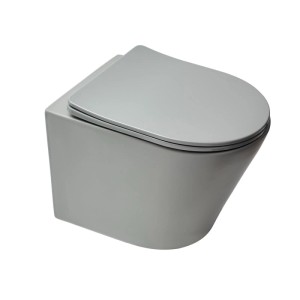 Graues, mattes Wand-WC mit SoftClose TakeOff WC-Sitz, spülrandlos, 48 cm kurz.