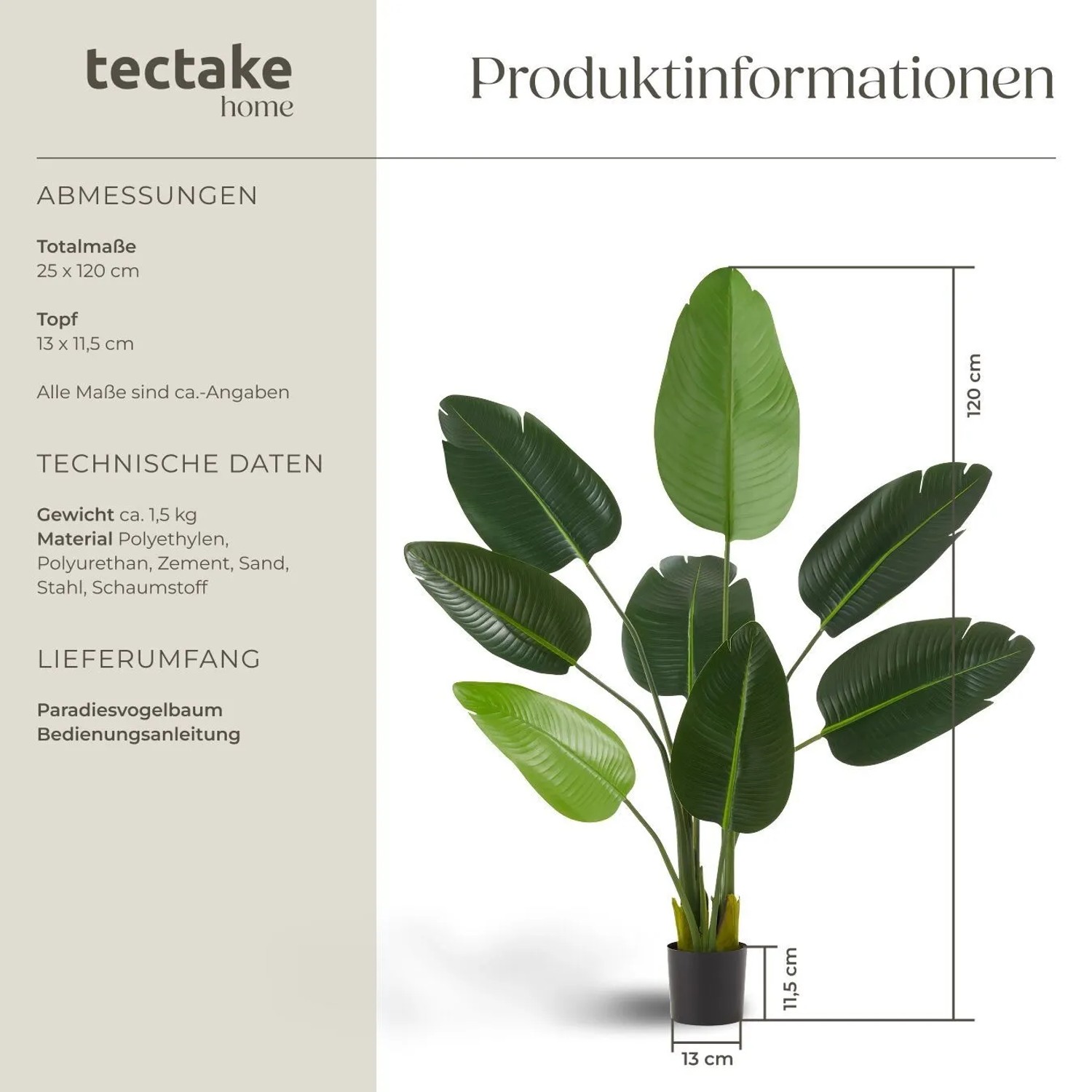 Künstlicher Paradiesvogelbaum von Tectake, 120 cm hoch, im Topf. Dekorative Kunstpflanze für Innenräume.