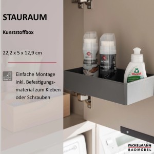 Anthrazitfarbene Fackelmann Kunststoffbox (22,2x5x12,9 cm) im Badmöbel-Schrank mit Reinigungsutensilien.