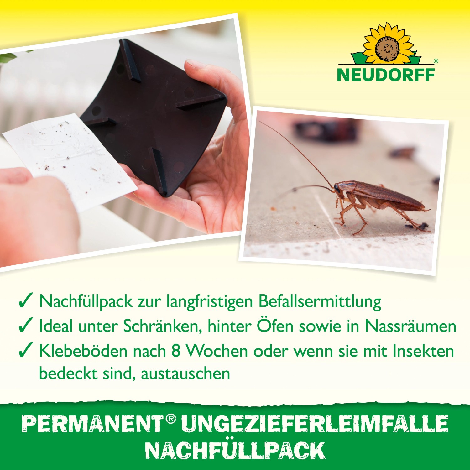 Neudorff Ungezieferleimfalle Nachfüllpack, 4 Stück. Klebeflächen zum Austauschen, zur Schädlingsbekämpfung.