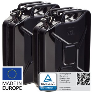 Zwei schwarze 20L Metall Kraftstoffkanister, TÜV-geprüft, für Benzin und Diesel.