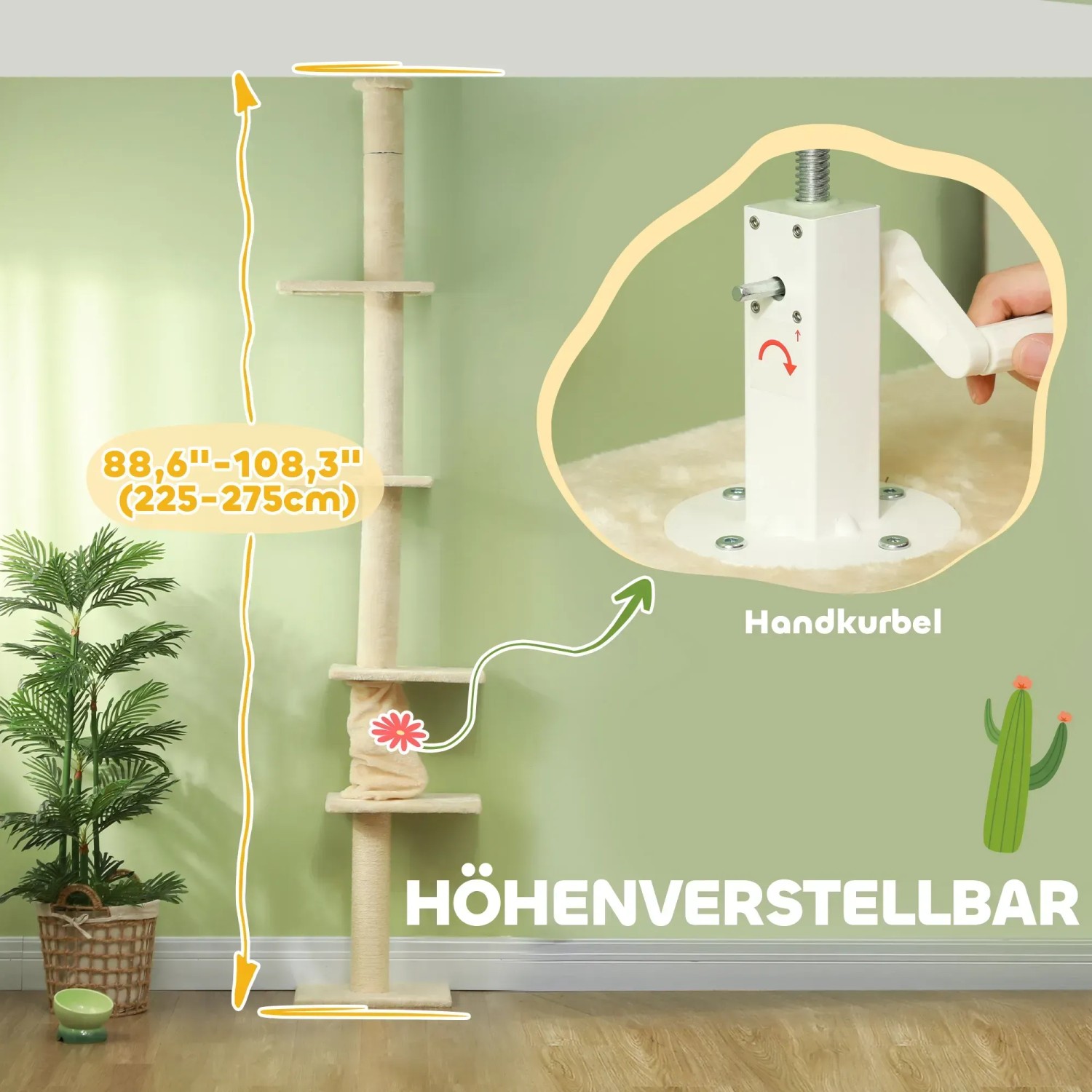 Cremeweißer, höhenverstellbarer PawHut Kratzbaum mit Sisalstämmen und Liegeflächen.