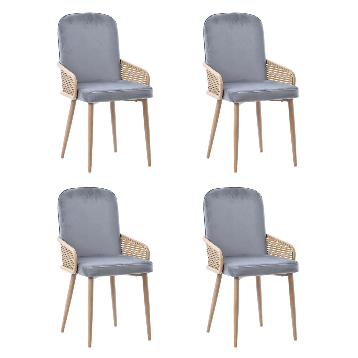 Merax Samt Esszimmerstuhl 4er Set Rattan Optik mit Metallbeinen Grau