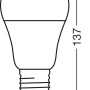 Skizze einer Osram Matter E27 LED-Lampe A100, dimmbar, mit Maßangaben.