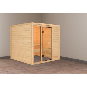 Karibu Sauna Jutta Natur: Massivholzsauna mit Glastür und zwei Bänken aus Espenholz.