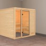 Karibu Sauna Jutta Natur: Massivholzsauna mit Glastür und zwei Bänken aus Espenholz.