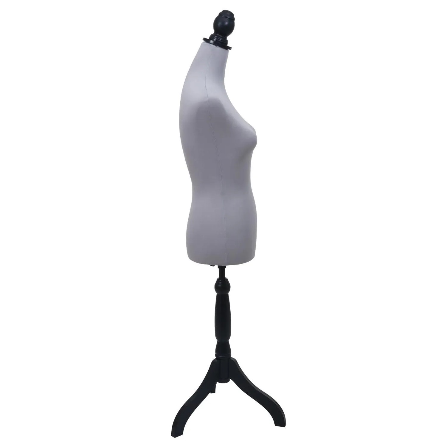 Graue weibliche Schneiderpuppe Q24 mit Schaumstofftorso, abnehmbarem Bezug und schwarzem Holzknauf auf stabilem Dreibein-Standfuß.