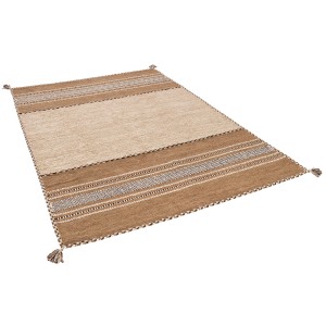 Beiger Kelim Teppich „Navarro“ 70x140 cm von Pergamon Natur, handgewebt mit Streifenmuster.