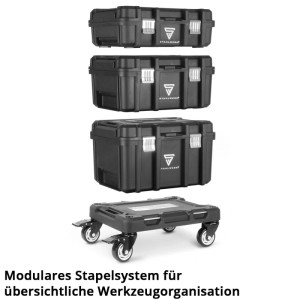 STAHLWERK Werkzeugtrolley mit 3 Boxen und Rollbrett, mobiles Werkstattwagen-Set.