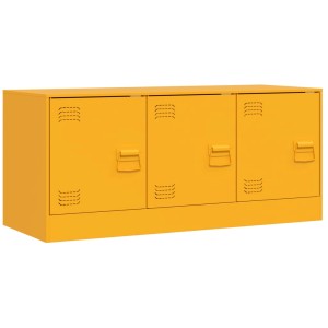 Senfgelber VidaXL TV-Schrank aus Stahl mit 3 Fächern und Griffen, 99x39x44 cm.