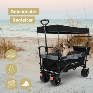 Faltbarer Bollerwagen deluxe4home mit Dach und Hund am Strand.