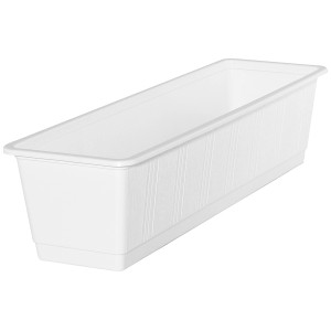 Weißer Geli Blumenkasten Standard, ca. 60 cm, mit Holzstruktur für den Garten oder Balkon.