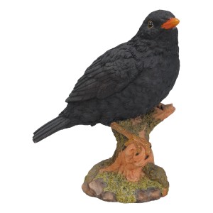 Detailreiche Deko-Figur: Amsel aus Polyresin auf Baumstamm, 20 cm hoch für die Gartendekoration.