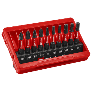 Einhell Impact Bit-Set, 10-teilig im Taschenformat mit PH, PZ, T und H Profilen in roter Kassette.