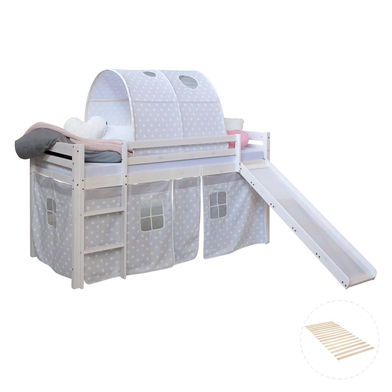 Homestyle4u Hochbett 90x200 Weiß mit Lattenrost und Rutsche Tunnel 2769 günstig online kaufen