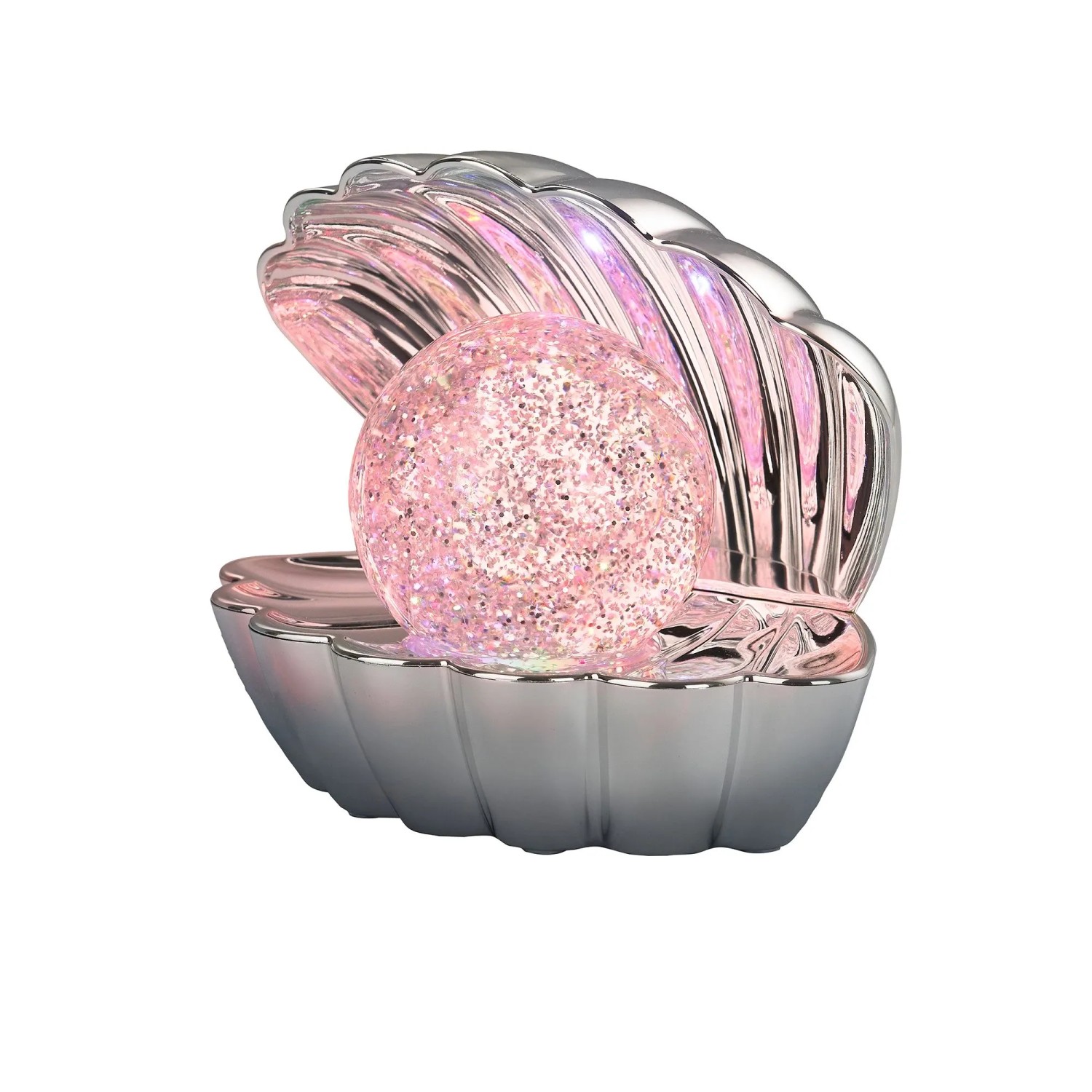 LED-Tischleuchte Shelly in Chrom-Muschelform mit glitzernder RGB-LED-Kugel.