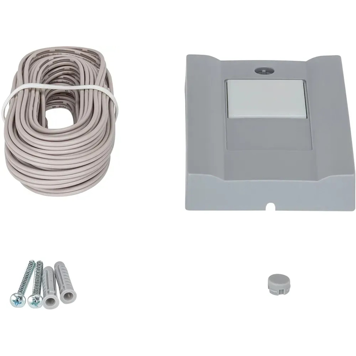 Zubehör für EcoStar Liftronic 700 Garagentorantrieb: Schalter, Kabel, Schrauben und Dübel.