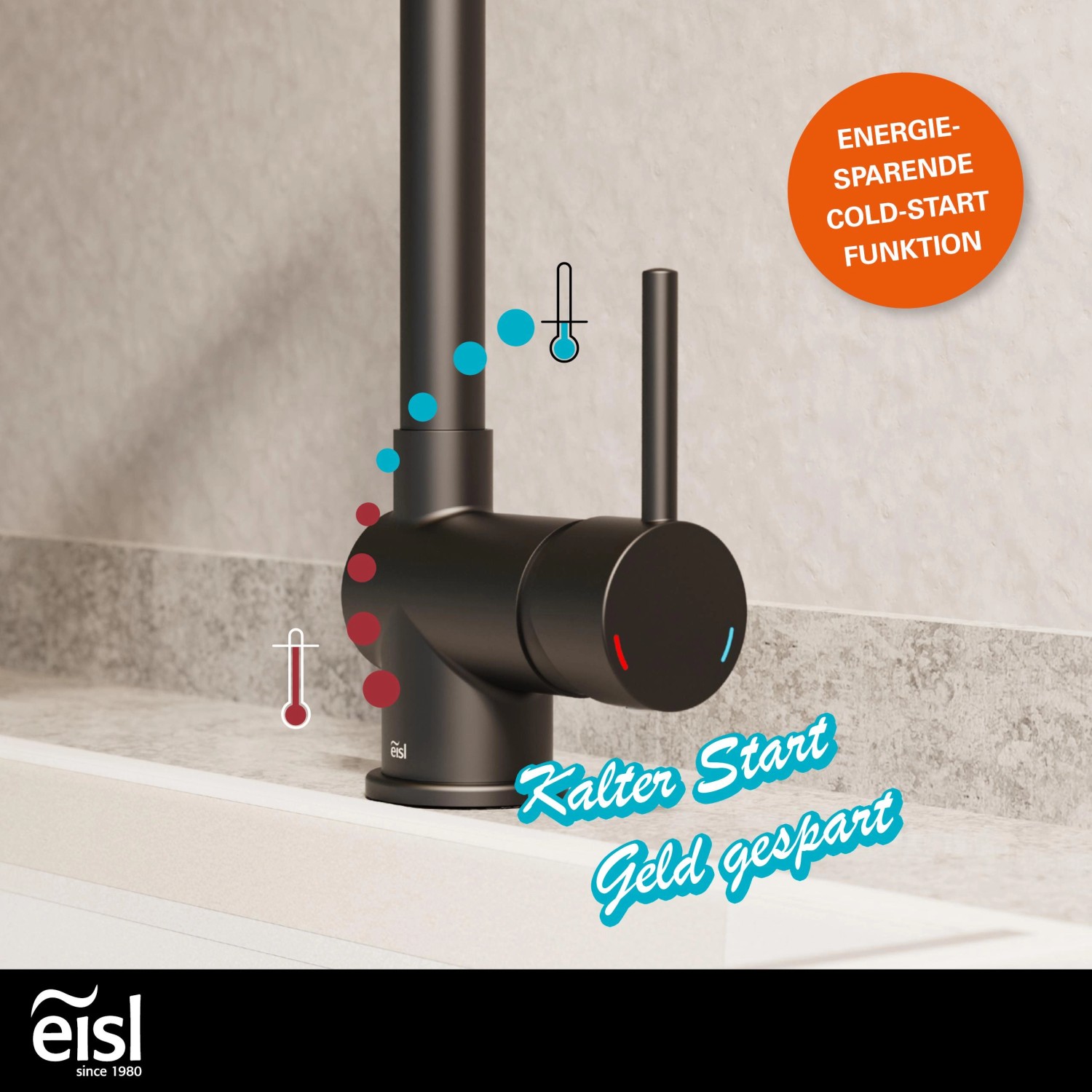 Eisl Spültischarmatur Futura Niederdruck, schwarz matt, mit Cold-Start Funktion.