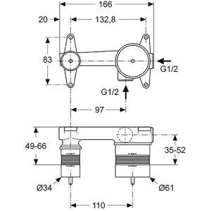 Technische Zeichnung Ideal Standard Unterputz-Bausatz für Waschtischarmatur mit Maßangaben.
