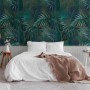 Fototapete Dschungel in Grün, Petrol, Grau und Blau im Schlafzimmer, 1,59x2,8 m.