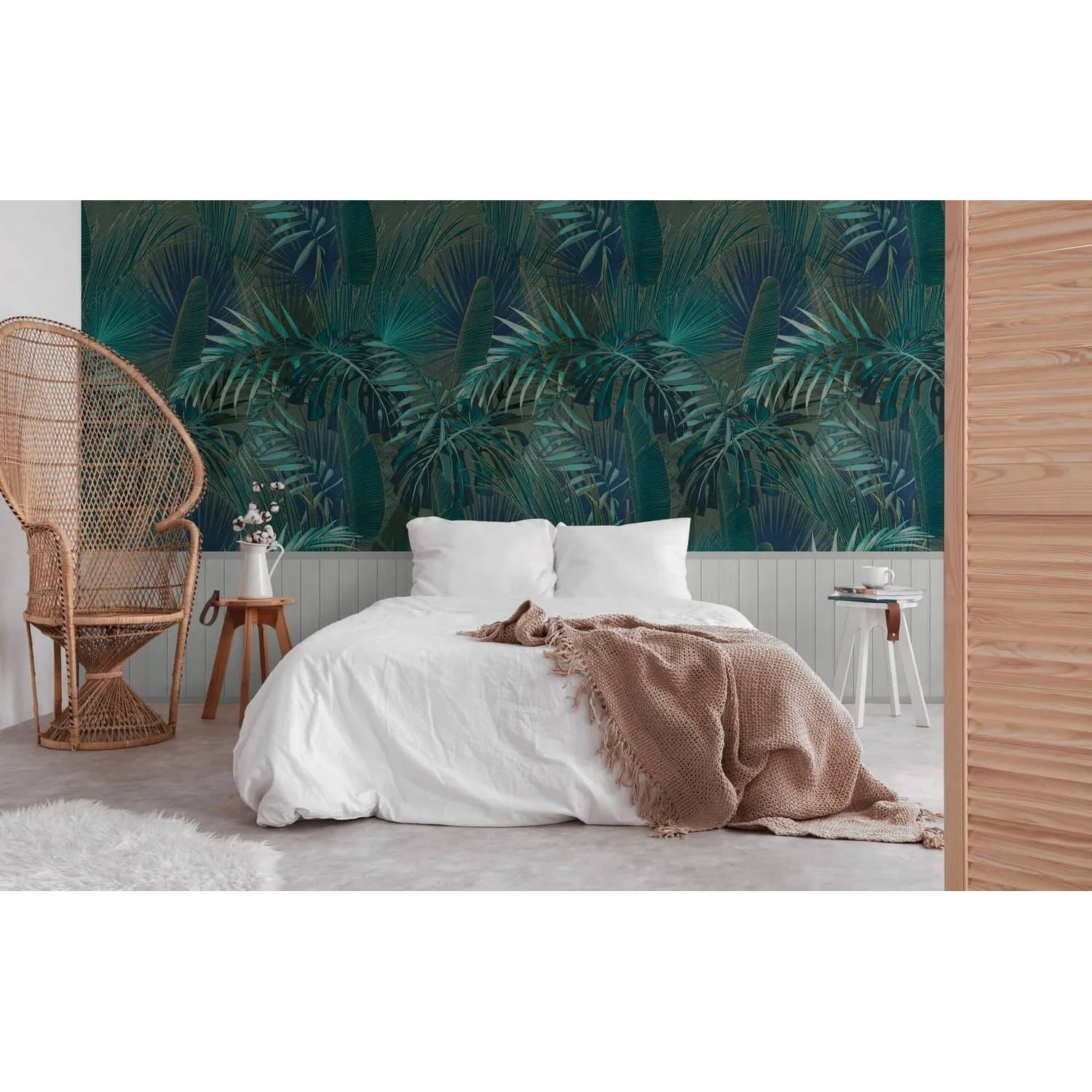 Fototapete Dschungel in Grün, Petrol, Grau und Blau im Schlafzimmer, 1,59x2,8 m.