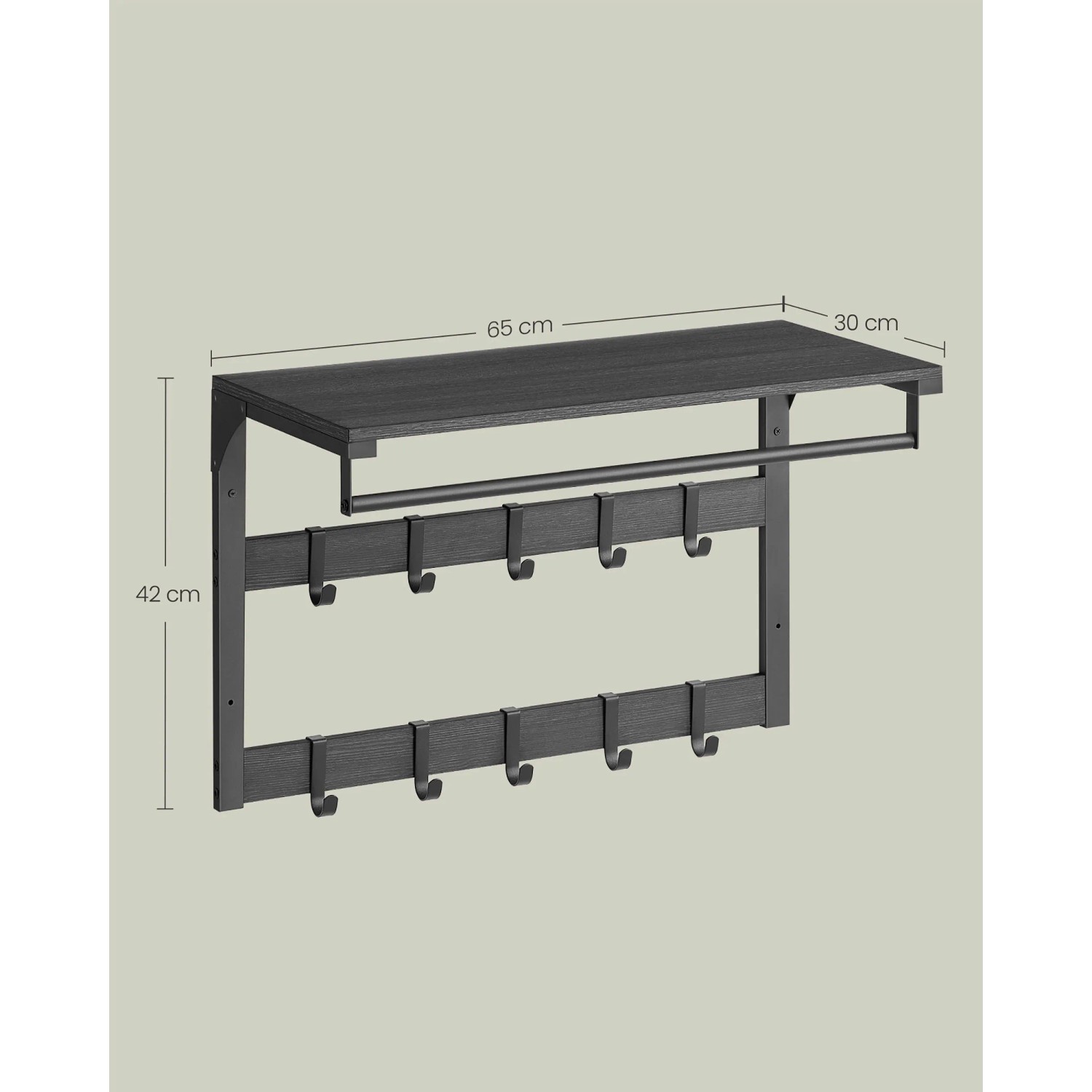 Schwarze Songmics Wandgarderobe mit Ablage, 10 Haken und Kleiderstange im Industrie-Design.