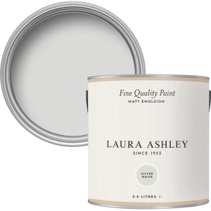 Laura Ashley Wandfarbe Silver White, 2,5 l Dose, geöffnet und ungeöffnet.