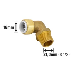 Steck-Winkel aus Messing, 46 mm, für Rohre. Fitting mit 90°-Winkel und Gewinde.