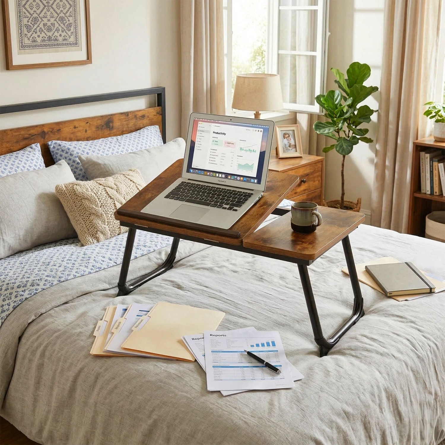 Relaxdays Laptoptisch aus Stahl/MDF, schwarz-braun, neigbar, mit Laptop auf Bett. Ideal für Homeoffice.