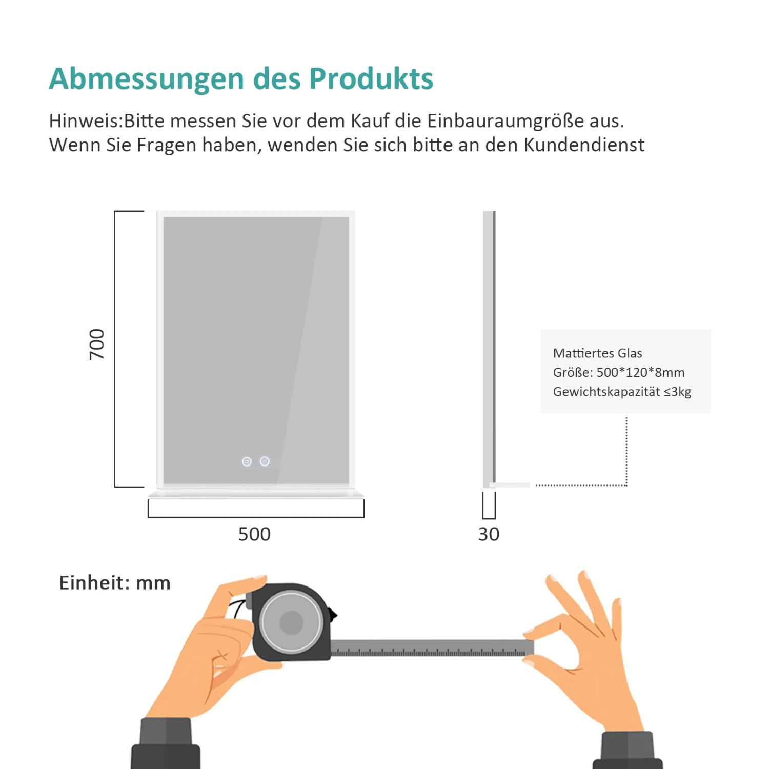 Skizze: Emke Badspiegel 50x70 cm mit Ablage, Maße und Details zum Spiegel mit Beleuchtung.