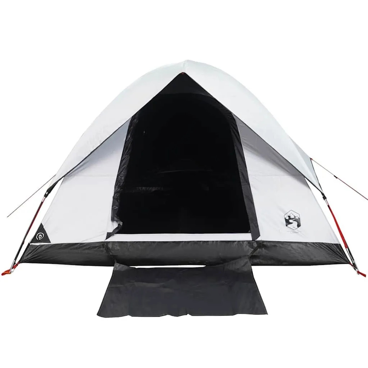 Weißes Furnicato Kuppelzelt mit schwarzem Eingang, offen. Verdunkelnd, ideal für Camping, 2 Personen.