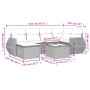 vidaXL 7-tlg. Garten-Sofagarnitur aus braunem Rattan mit Kissen, Maße eingezeichnet.