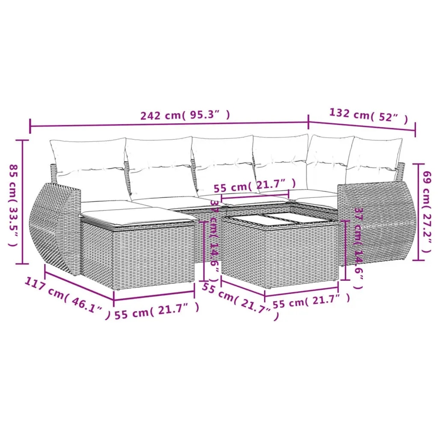 vidaXL 7-tlg. Garten-Sofagarnitur aus braunem Rattan mit Kissen, Maße eingezeichnet.