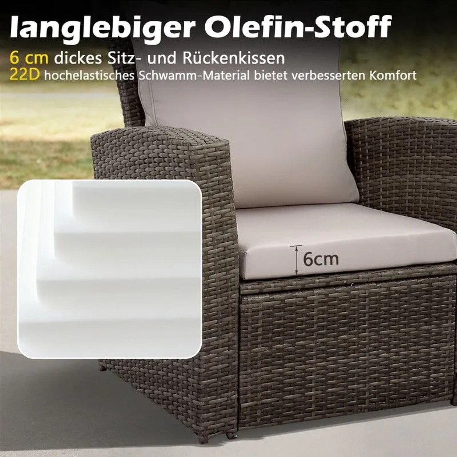 Grauer Polyrattan Gartenstuhl mit 6 cm dicken beigen Sitzkissen. 22D Schaumstoff bietet hohen Komfort für das MeXo Balkonmöbel Set.