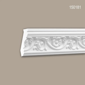 Weiße PROFHOME Eckleiste 150181 aus Polyurethan, 200 cm, mit floralem Muster für Decke und Wand.