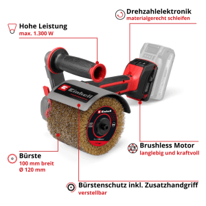 Einhell Akku-Bürstenschleifer TP-BR 18/32 rot-schwarz mit Messingbürste. Leistungsstarke Schleifmaschine für Holz, Metall, Stein.