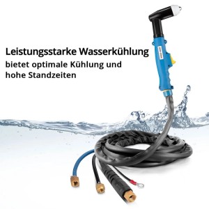STAHLWERK WSD 200 wassergekühlter Plasmaschneidbrenner mit blauem Griff, schwarzem Schlauchpaket und Anschlüssen, umgeben von spritzendem Wasser.
