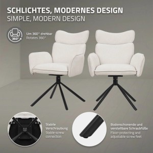 Zwei beige Esszimmerstühle mit Stoffbezug, 360° drehbar. Modernes Design, schwarzes Metallgestell, bodenschonende Füße.