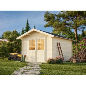 Hellgraues Palmako Gartenhaus Lotta mit Doppeltür und Leiter im Garten.