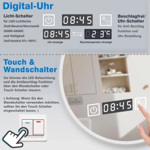 Aica Badspiegel 70cm rund mit LED-Beleuchtung, Uhr, Touch- und Wandschalter. Dimmbar, beschlagfrei.