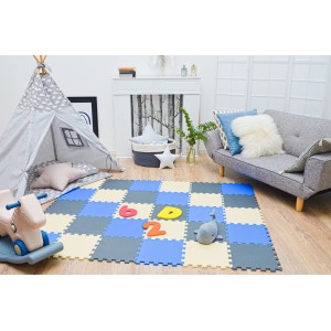 LittleTom Puzzlematte, 27-teilig, grau, beige, blau, als Spielteppich im Kinderzimmer.