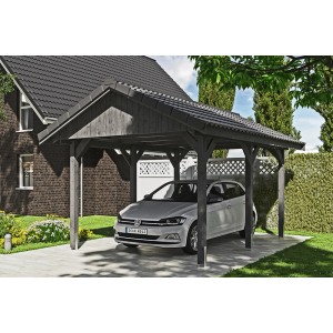 Satteldach-Carport Wallgau in Schiefergrau mit Auto. Holzcarport mit Dachlattung für Dachziegel.