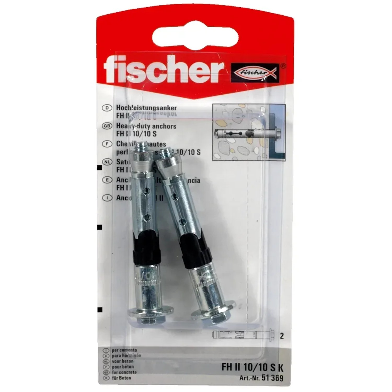 Fischer Hochleistungsanker FH II 10/10 S K, 2 Stück, mit Sechskantschraube für sichere Befestigungen.