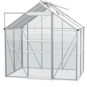 Vitavia Gewächshaus Venus 2500 aus Alu blank mit geöffneter Tür und Dachfenster.