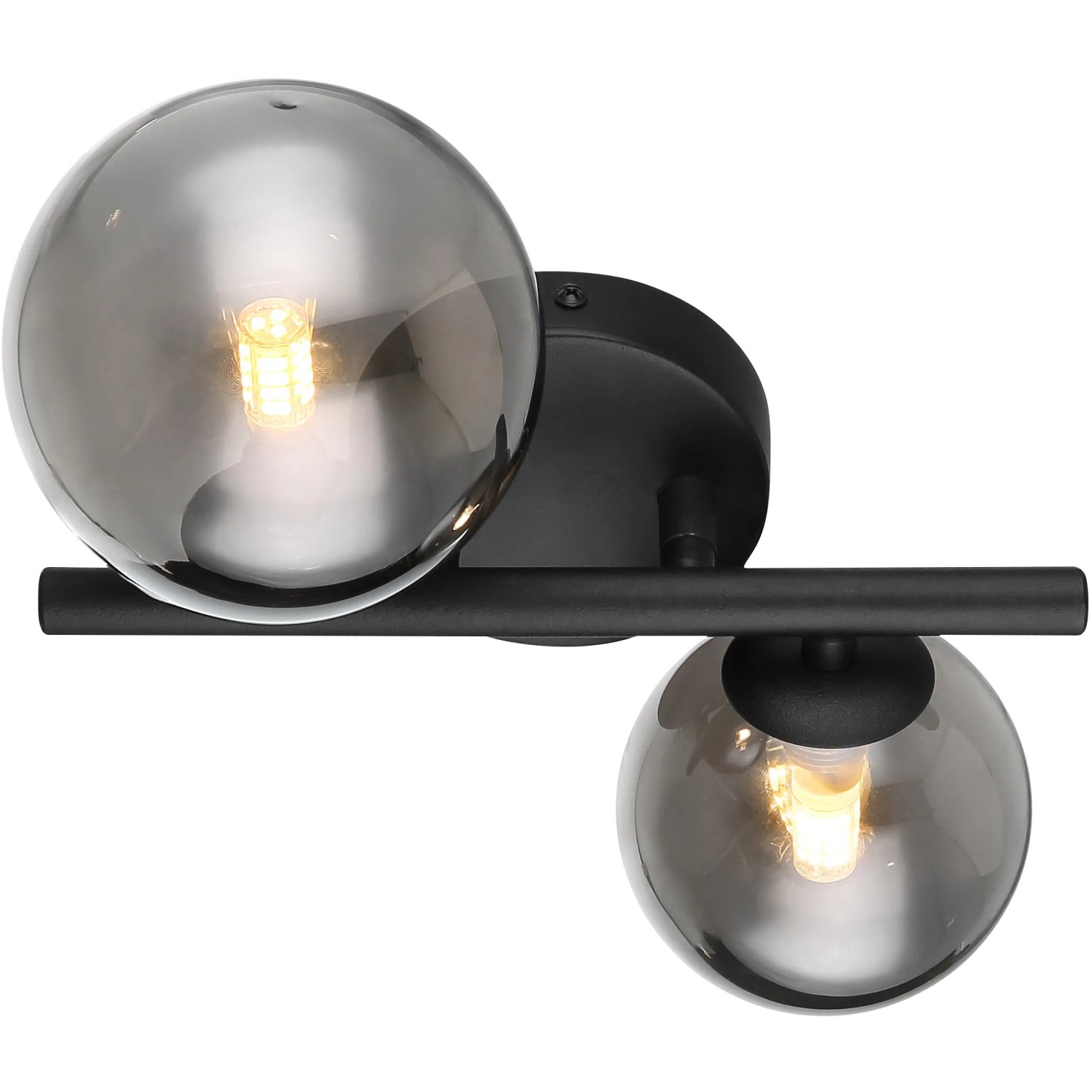 Moderne Globo LED-Wandleuchte Riha, 2-flammig, schwarz matt mit rauchfarbenen Glasschirmen.