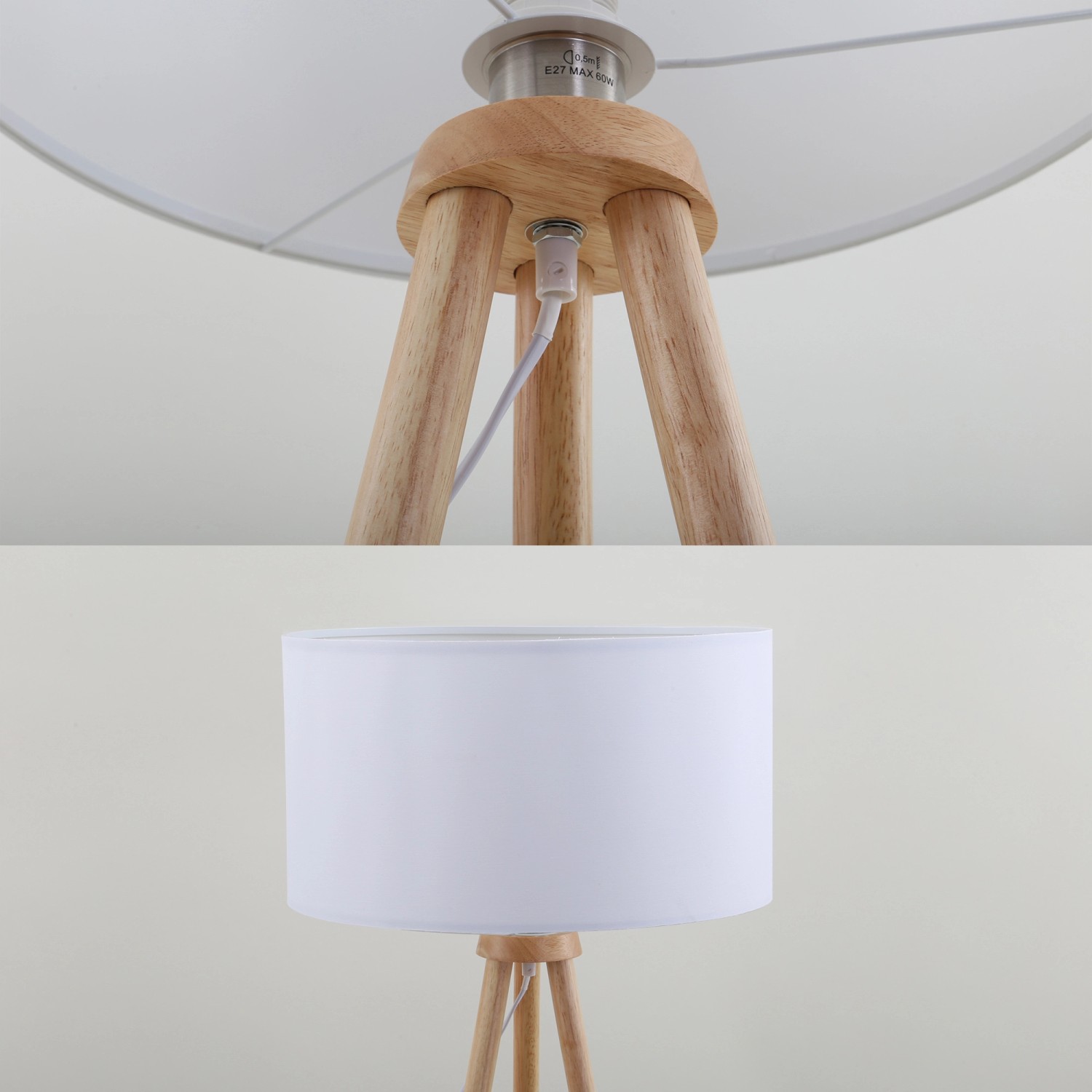 Weiße Brilo Stehleuchte mit Stoffschirm und Holzfuß. Elegante Lampe für Wohnräume.