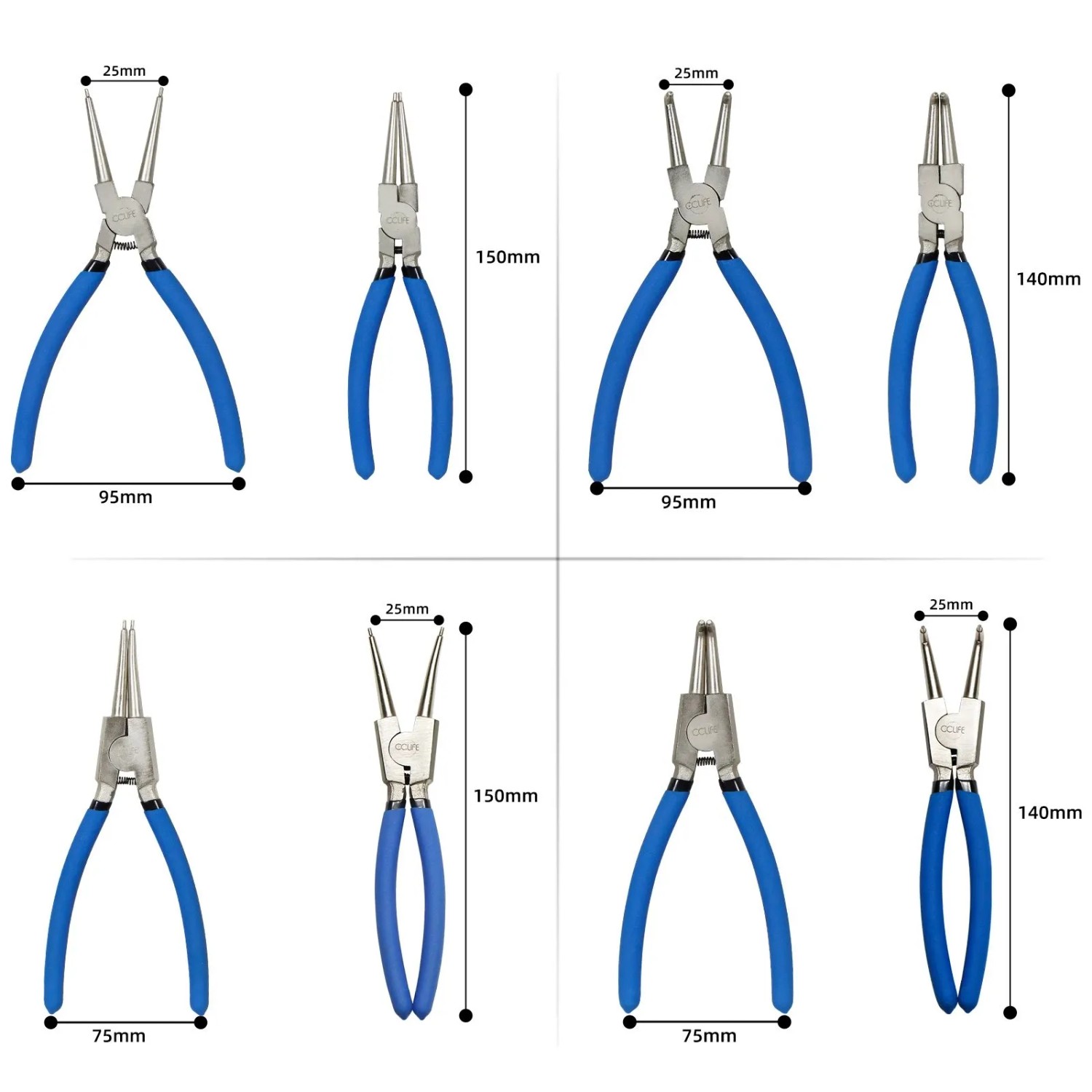 CCLIFE Sprengringzangen Set 4tlg, 150mm, mit geraden und gebogenen Spitzen für Innen- und Außensicherungsringe, blaue Griffe.